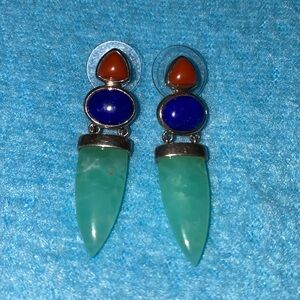 WHITNEY KELLY Jadeite lapis agate pierced earrings .925 sterling silver vintage